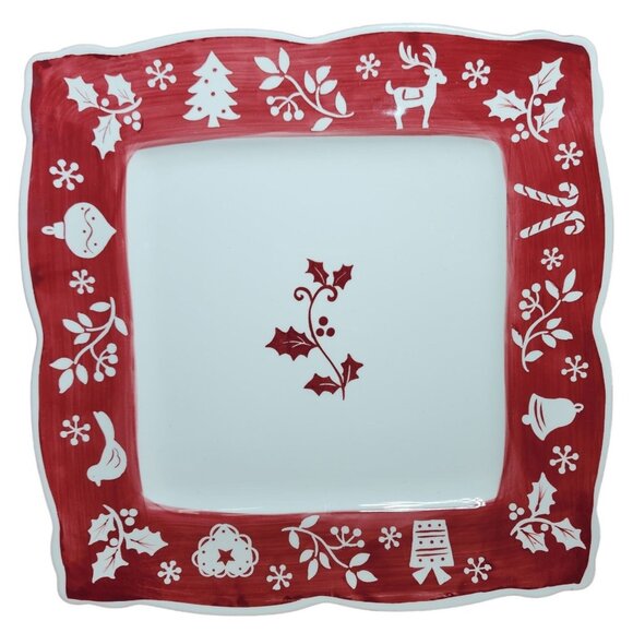 222 Fifth Tivoli Red Christmas Plate Platter 11 Inch Holiday Holly Deer Festive - Picture 1 of 5